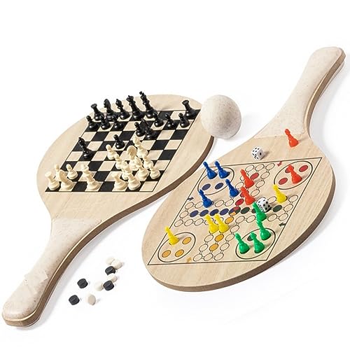 Nachhaltiges Strandtennis Beachtennis Beachball Set 2 Schläger mit Schachspiel und Mühlespiel mit Ball im Baumwollbeutel Sport Fun Sommer Strand Beach