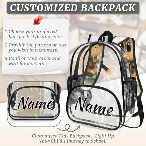 Personalized Cartoon Bee Clear Small Backpack for Stadium Events Custom Transparent Backpacks with Name Heavy Duty PVC Plastic See Through Clear Bag for Concerts Daisy Flowers Bees4