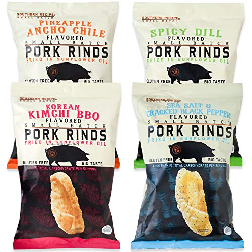 Pork Rinds Variety Pack | Sea Salt & Pepper, Kimchi BBQ, Spicy Dill, Pineapple | Southern Recipe Small Batch | Keto Friendly, Gluten Free, High Protein & Low Carb | 7g of Collagen | 4 Oz Bag (4 Count)