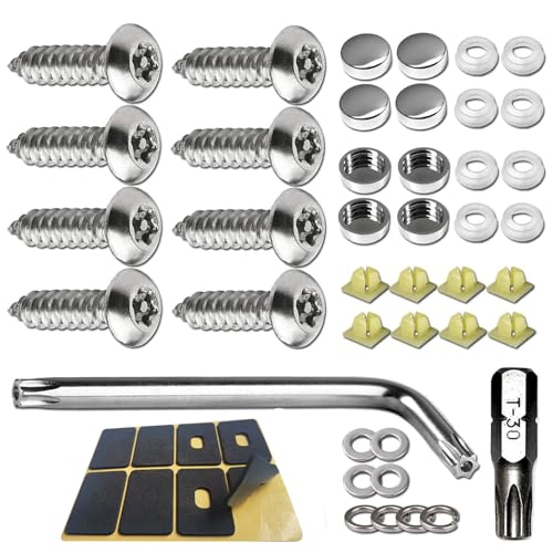 BGGTMO License Plate Screws Anti Theft -Stainless Steel Tamper Resistant Locking Front or Rear Car Tag Frames Bolts Set 1/4 Metric M6 Security Rust Proof Self-Tapping Screws Fasteners Nut Chrome Caps