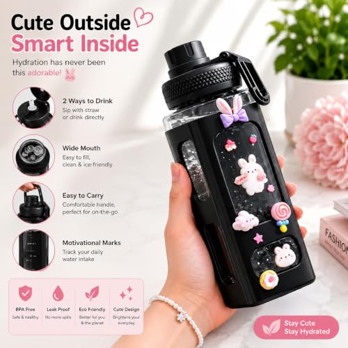 Image of Kawaii Water Bottle with Straw Cute Large Water Bottles with Kawaii Stickers Aesthetic Leakproof Square Drinking Bottle.700ML (BLACK)