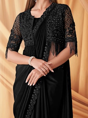 Image of AKHILAM Women's Black Georgette Embellished Saree With Unstitched Blouse Piece