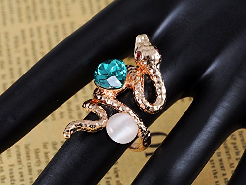 Image of Alilang Rose Golden Tone Blue Teardrop Rhinestone Enhanced Slither Snake Statement Ring