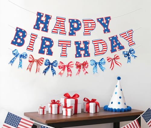 Image of Bow Patriotic Happy Birthday Banner,4th /Fourth of July Decorations, Red White and Blue Independence Day Birthday Garland, Memorial Day Decorations for Indoor Outdoor