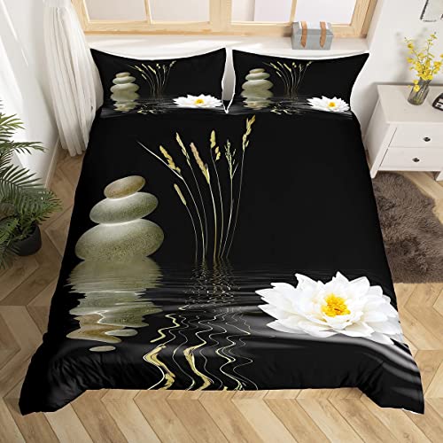 Pierre Zen Print Parure de Lit 220x240cm Meditation Lotus Sets de Housse de Couette Tranquil Nature Ouvrages d'art Housse de Couette Respirant Zen Spirituel...