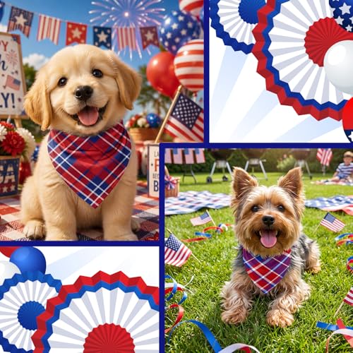 Image of Abbylike 50 Pcs Veterans Day Dog Bandanas Bulk, Red White and Blue Plaid
