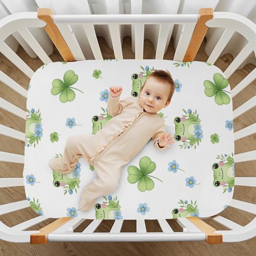 Image of Frog Flowers White Fitted Crib Sheet for Boys Girls Baby Bed Sheets for Toddler Bed Mattress,39 x 27 in