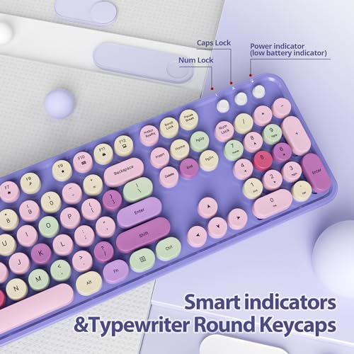 Image of Fogruaden Purple Keyboard and Mouse Wireless, Retro Typewriter Keyboard, 2.4GHz 104 Keys Full Size Cute Keyboard with Number Pad, Purple Colorful Keyboard with Round Keycap for Windows PC Laptop