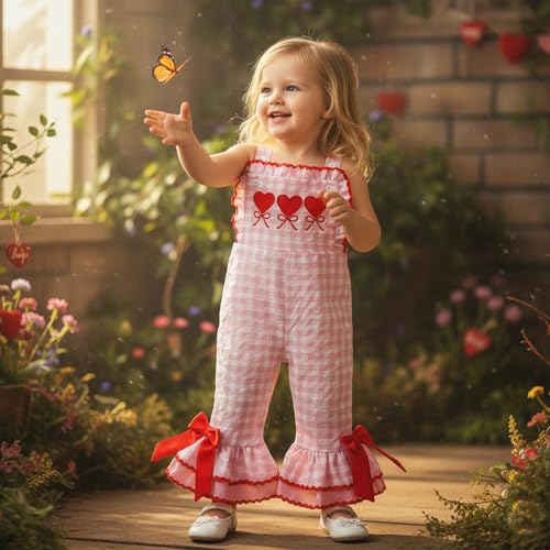 Toddler Baby Girl Valentiens Outfit Love Heart Romper Long Flared Jumpsuit Valentines Day Overalls 0-7 Years Old (Red- Heart, 3-4T)