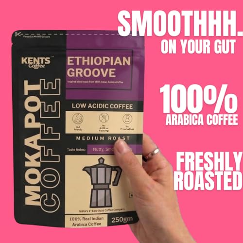 Image of Kents Coffee Ethiopian Groove - Light Roast Medium Fine Grind | LOW ACIDIC COFFEE | For MOKA POT , DRIP MACHINE, FILTER, AEROPRESS, V60 | 100% Arabica Powder | Zesty, Floral, Fruity Notes | Chikmagalur Single Estate | Honey Sundried Arabica | REAL LIGHT ROAST COFFEE (200g)