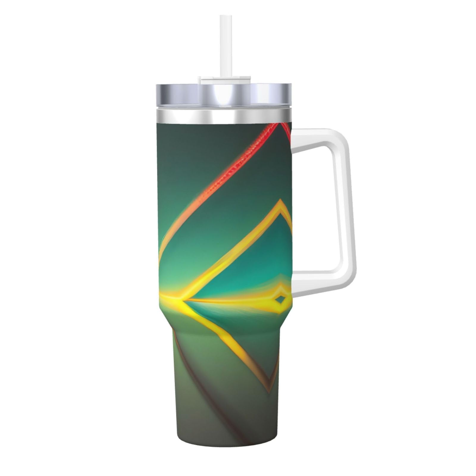 Wasserflasche mit abstraktem geometrischem Muster, Edelstahl, doppelwandig, isoliert, mit Griff und Strohhalm-Deckel, 1,2 l