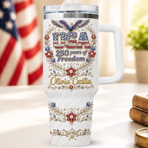 Image of Personalized 250th Anniversary Of America Tumbler - Custom Patriotic USA Flag 1776-2026 Gifts - US Eagle Freedom Cup 40oz A12 - American Independence Celebration Gifts For Men Women