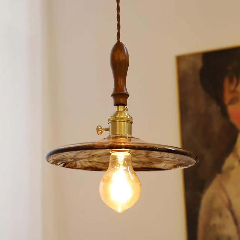 HXYSXHJUO Traditional Amber Bedside Pendant Lamp For Dining Room Light Brushed Brass Finish Barn Fixture Adjustable Height Chandelier Table E26