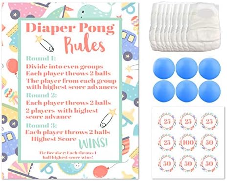 Amazon Com Baby Shower Games For Boys Baby Shower Pong Diaper Pong With Blue Colored Ping Pong Balls Instruction Sheet Pink Blue Balls Diapers And Game Points Stickers Blue Home Kitchen