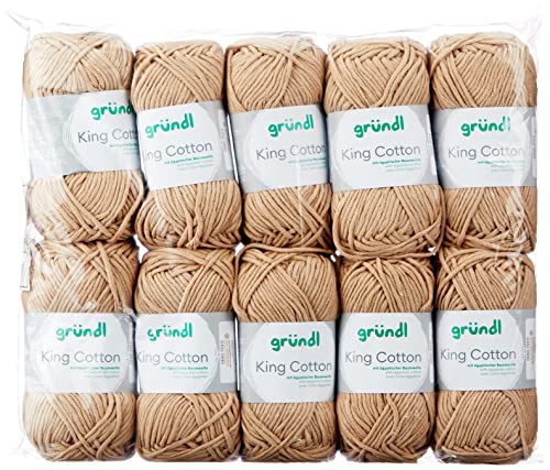 Gründl King Cotton (fil à tricoter et à crocheter doux et volumineux composé de 55 % de polyacrylique et 45 % de coton, 50 g / 78 m, taille d'aiguille : 6 - 7, 10 x 50 g), Sand