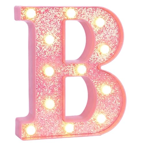 Image of Pink Marquee Light Up Letters, Glitter Alphabet LED Letter Lights for Pink Birthday Party Decorations, Battery Operated Letter Sign for Girls Room Vanity Table Decor, Warm White Lights Letter B