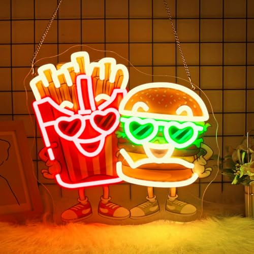 Image of Burgers Neon sign - JGHTURIE Hamburger and French Fries Neon Signs for Wall Decor LED Light up UV Printed Preparatory Home Restaurant Club Decoration USB Powered