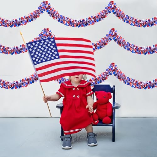 Image of 33FT 4th of July Patriotic Tinsel Garland Red White Blue Glitter Metallic Twist Foil Tinsel Garland for Independence Day Memorial Day Party Door Tree Indoor Outdoor Decoration