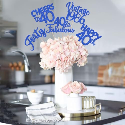 Image of 15 PCS 40th Birthday Centerpiece Sticks Forty Happy 40 Vintage 1986 Table Flower Centerpieces Sticks Cheers to 40 Fabulous Floral Decorations for 40th Birthday Party Supplies Blue