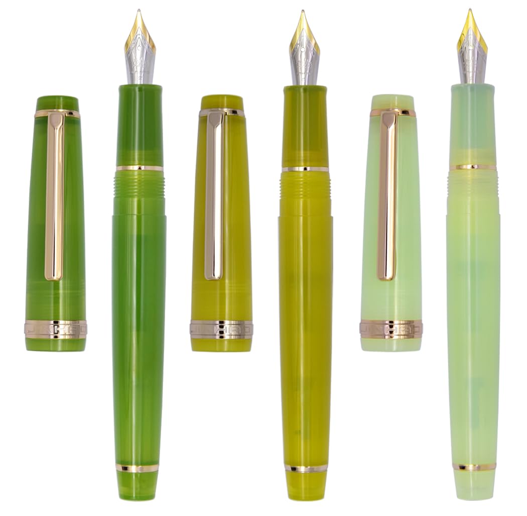 XIAOYU 3PCS Jinhao 82 Acrylic Fountain Pen, Iridium Nib Gold Trim with Ink Converter, Classic Smooth Transparent Writing Pen, Fine Nib(0.5mm), Green, Yellow and Light Green