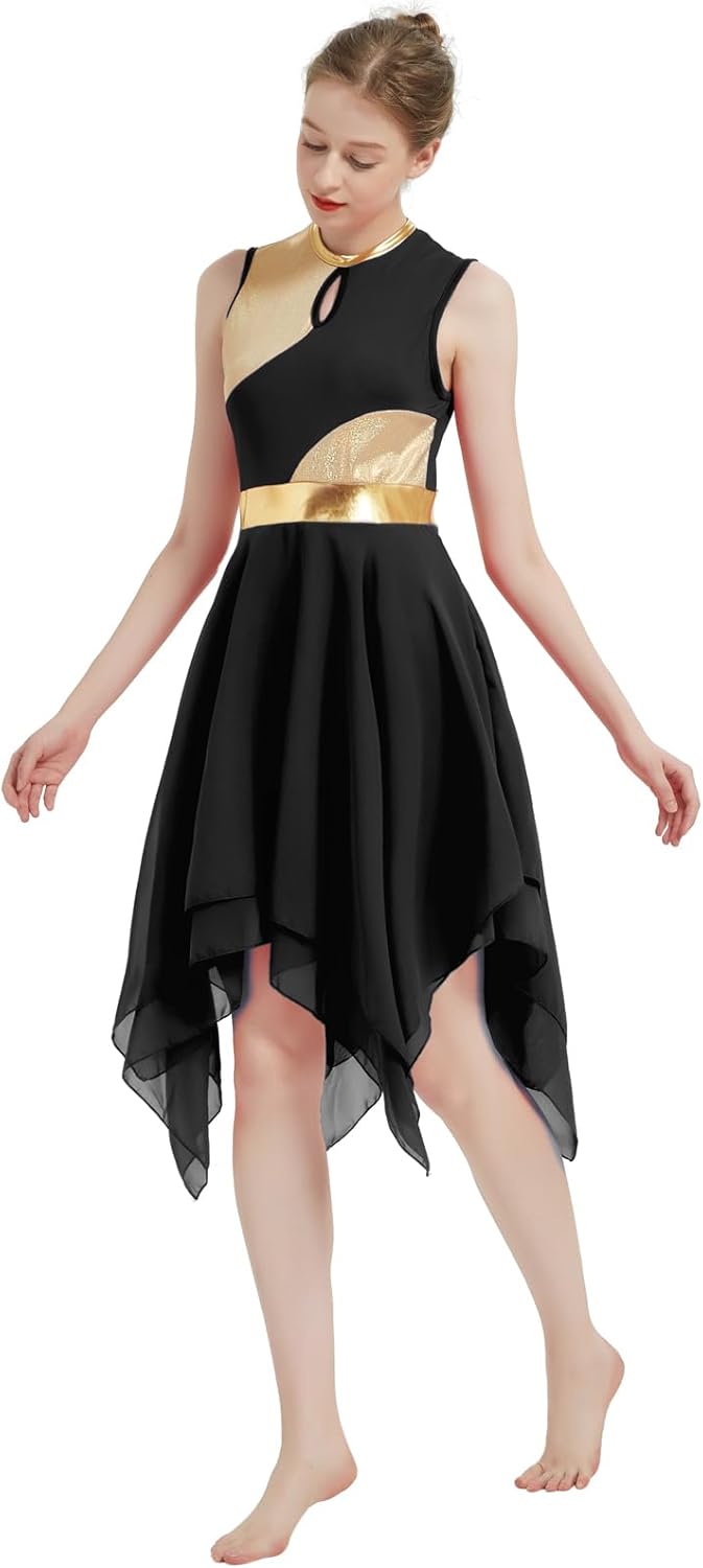 Women's Praise Dance Overlays Dress Tunic Metallic Color Block Sleeveless Irregular Hem Worship Lyrical Dance Dress - Image 5