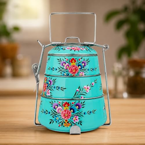 Image of iHandikart Handpainted Decorative Lunch Box Tiffin | Multiple Tier Stainless Steel Food Box | Designer Indian Print Tiffin for School | Diwali Gift, Navratri Gift (Color - Multicolor)