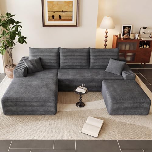 Image of 95 inch Cloud Sectional Couch with Ottoman,Modern U-Shaped Cloud Couch with Deep Seat,Comfy Corduroy Sofa,Memory Foam Sofa for Living Room,No Assembly (Dark Gray,Left-Facing Chaise)