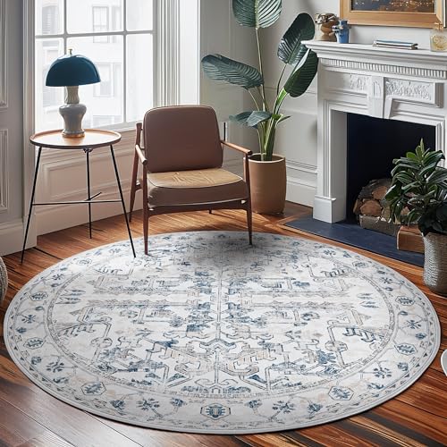 jinchan Round Rug 8ft Vintage Machine Washable Area Rug Kitchen Indoor Circle 8' Ultra-Thin Non-Slip Floral Print Carpet for Farmhouse Entryway Dining Room Living Room Bedroom Office (8'Round,Blue)