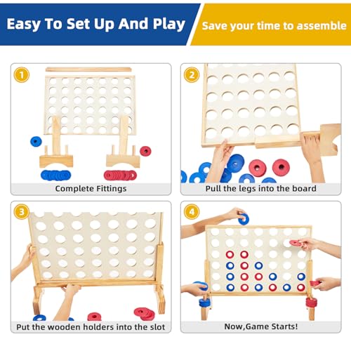 Image of Giant 4 in a Row Game, Wooden 2.8Ft Outdoor Yard Game for Family | New Zealand pine wood made, Non-toxic, 42 PE chips, Sturdy canvas bag. Backyard lawn game for family BBQ, tailgating, party