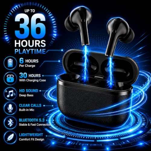 Image of Wireless Bluetooth Earbuds with 36H Playtime, ENC Noise Reduction, HD Mic, Touch Control, Fast Charging, Type-C, IPX5 Water Resistant TWS Earbuds for Android & iOS