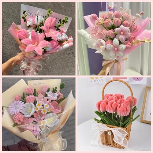 Image of ASTARON 521 Pcs 5 Colors Art Chenille Stems Pipe Cleaners Flower Making Kit | Pink Series Craft Pipe Cleaners,20 Floral Wires,Green Gardening Tape, Flowers Making Kit, Polyester Fluffy Pipe Cleaners Set