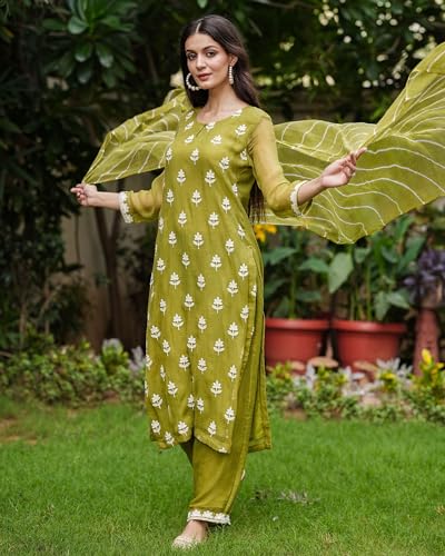 Image of GoSriKi Women's Cotton Blend Embroidered Straight Kurta with Pant & Dupatta (CHAKDOL-MAHENDI-GS