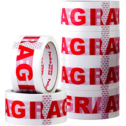 Packatape 6 Rollos Cinta Embalar Adhesiva Fragile 48MMx 66M para Cajas y Paquetes Ideal para Envíos y Mudanzas – Precinto Embalar Extrafuerte y Resistente – Color Blanco con Impresión Fragile