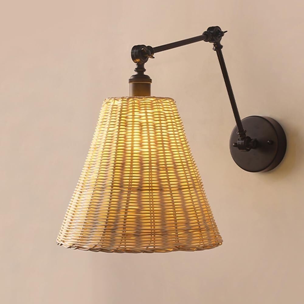 HYJAUSXB Wall Lamps Sconces Rustic Bedside Mount Light Rattan Sconce Black Swing Arm Lamp Adjustable Wicker Weaving Shade Decor Lighting E27