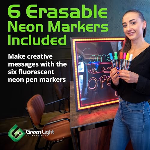 Image of Green Light Innovations LED Writing Message Board 23x27 - Illuminated Erasable Neon Chalkboard Sign with Remote & Markers - Light Up Menu Board for Restaurants, Bars, Food Trucks & Classrooms