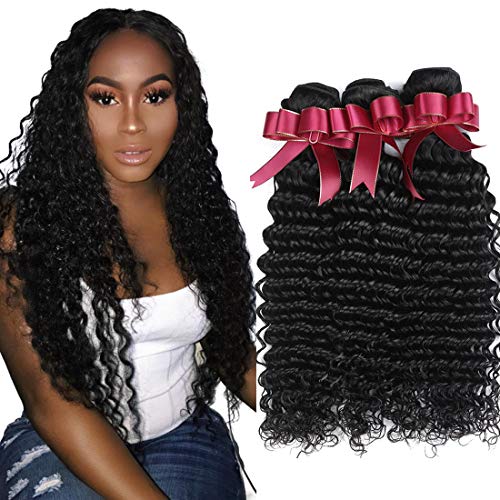 Brazilian Deep Wave Hair Bundles 9A Unprocessed Virgin Human Hair 3 Bundles (20 22 24,300g) Deep Curly Human Hair Bundles Wet and Wavy Hair Bundles Extensions Natural Black