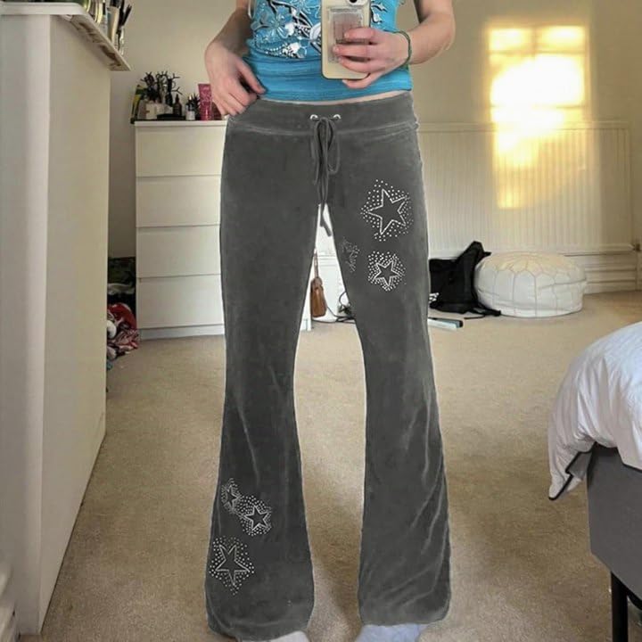 Image of BONVEN Womens Y2k Gothic Drawstring Flare Pants Streetwear Casual Star Rhinestone Low Rise Disco Pants Bell Bottoms