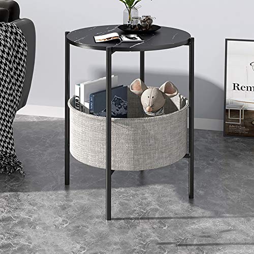 ZXFDM Table d'appoint en marbre, Table de Chevet Ronde pour Table Basse, Table de collation côté canapé avec Panier de Rangement en Tissu, Table de Style...