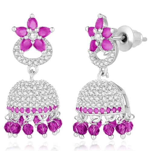 Peora Cubic Zirconia & Beads Studded Silver Plated Jhumki Earrings Ethnic Jewellery for Women & Girls