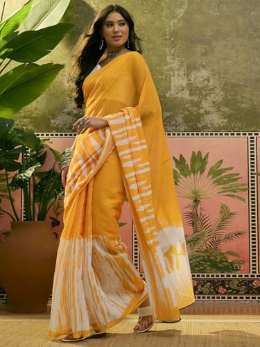 Image of SIRIL Women's Cotton Linen Printed Zari Border Saree with Unstitched Blouse Piece