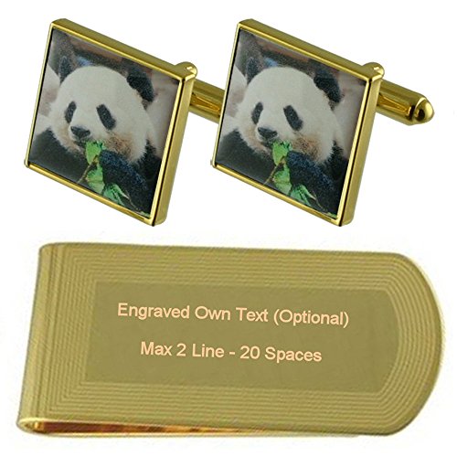 Set de Regalo Panda de Tono Oro Gemelos y Money Clip Grabado con Estuche Elegante