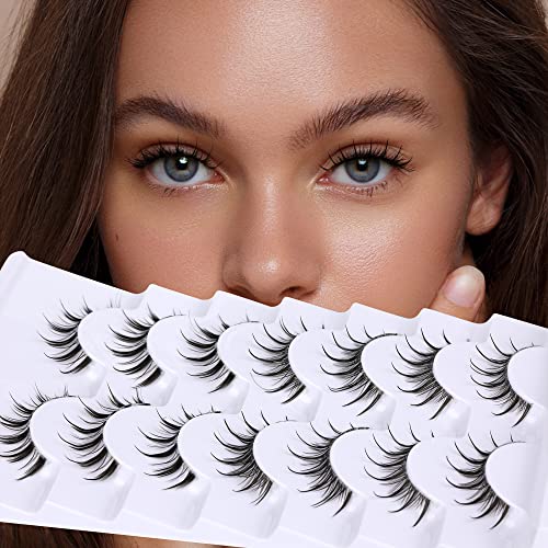 JIMIRE Manga Lashes False Eyelashes with Clear Band Anime Lashes Wispy Strip Lashes That Look Like Cluster Individuals Natural Look 2 Styles Mixed 7 Pairs Pack