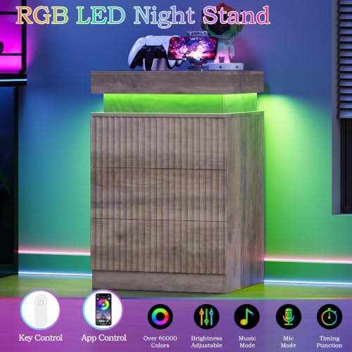 Image of Fluted LED Night Stand with Charging Station, Wood Grey