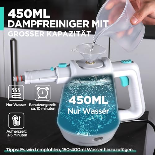 HAUSHOF Dampfreiniger Handgerät 450ml, 1200W Hand Dampfreiniger für alles mit 8 Zubehör, 3,0 bar Dampfdruck zum Erweichen von Schmutz und Fett von Böden, Fenstern, Küchen, Toiletten, Auto