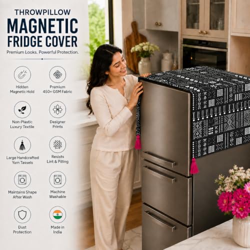 Image of WWW.THROWPILLOW.IN Fridge Top Cover for Double Door 250-400L | Medium Size Dustproof Refrigerator Cover | Corner Tassels with Pockets | Black Tribal Print |