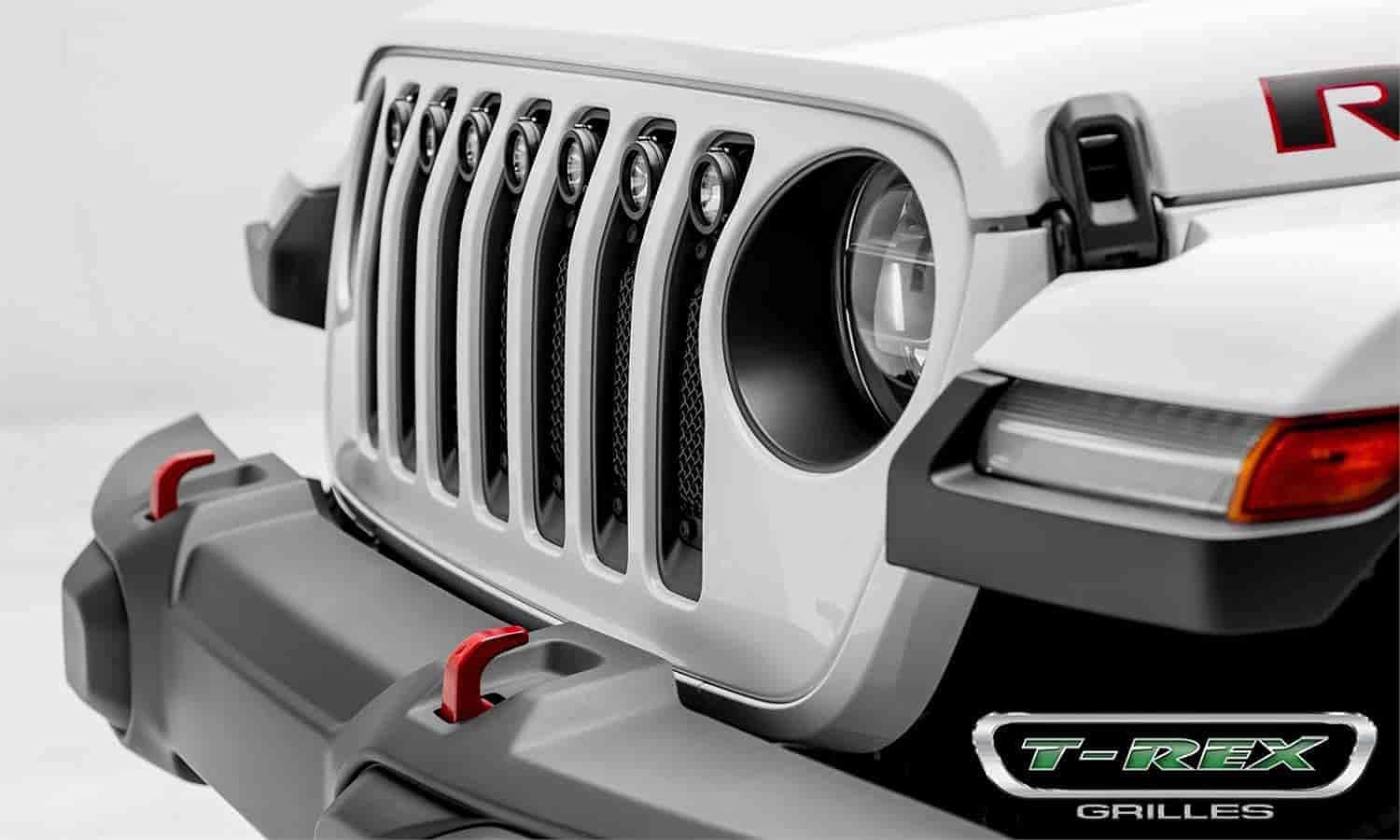 T-REX Jeep Gladiator, JL Stealth Torch Grille, Black, 1 Pc, Insert, Black Studs with (7) 2 Inch LED Round Lights, Does Not Fit Vehicles with Camera - PN #6314931-BR