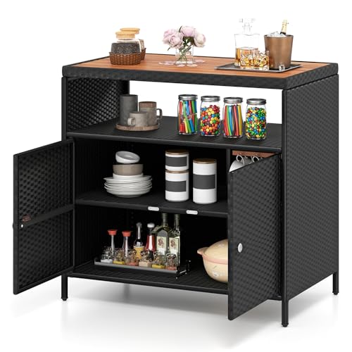 COSTWAY Armario Baja Exterior de Ratán, Armario terraza con Compartimento Abierto y Gabinete Cerrado, Aparador de Mimbre de 2 Puertas Terraza Jardin Exterior, 90 x 53 x 86 cm (Negro)