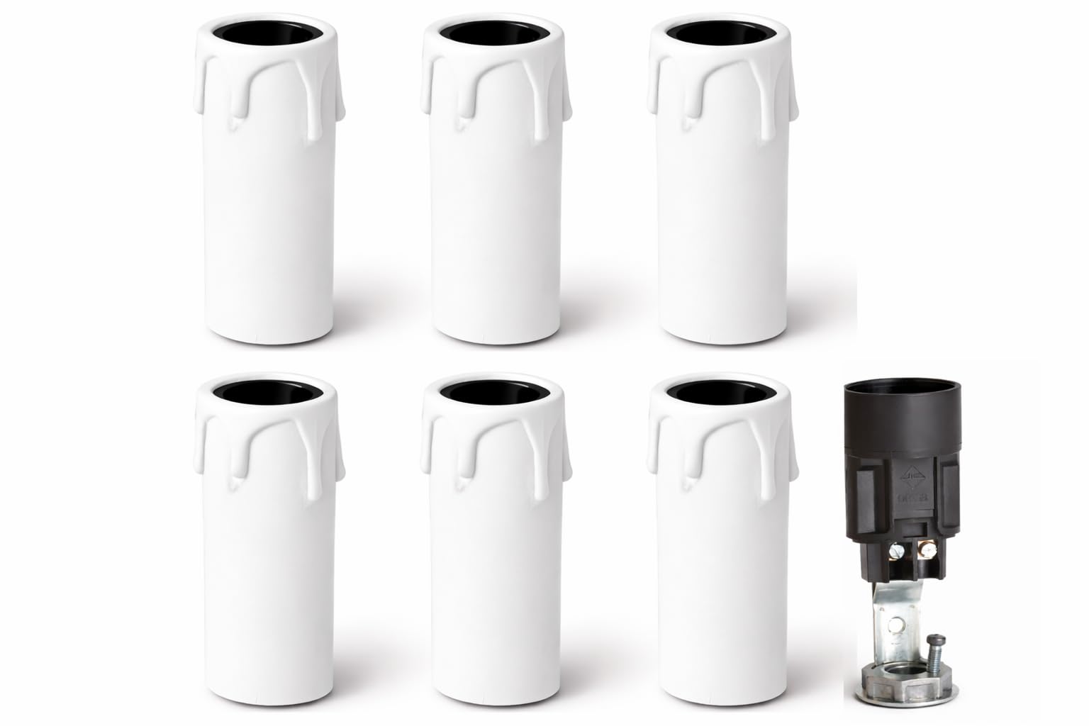 Kit 6 Portalampade E14 Finta Candela Bianca – Copricandela per Lampadari Classici e Vintage – Attacco E14 con Nipplo M10 e Vite di Sicurezza – Altezza 65 mm