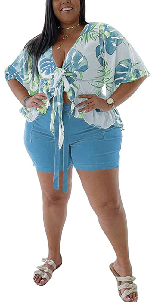 BFFBABY Lot de 2 Tenues d'été pour Femme - Style bohème à Volants - Imprimé Floral - pour Plage - 7081 - Bleu Clair - Taille 4, Bleu Clair (7081), XXXXL