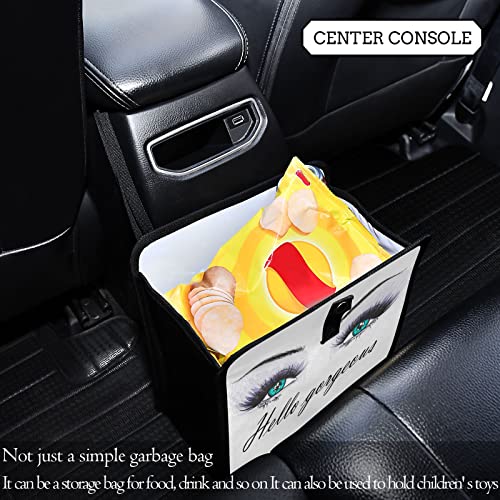 Image of Women Eyes Hello Gorgeous Eyelash Purple Makeup Car Trash Can, Foldable Hanging Car Trash Bag, Small Waterproof Car Accessories Garbage Bin